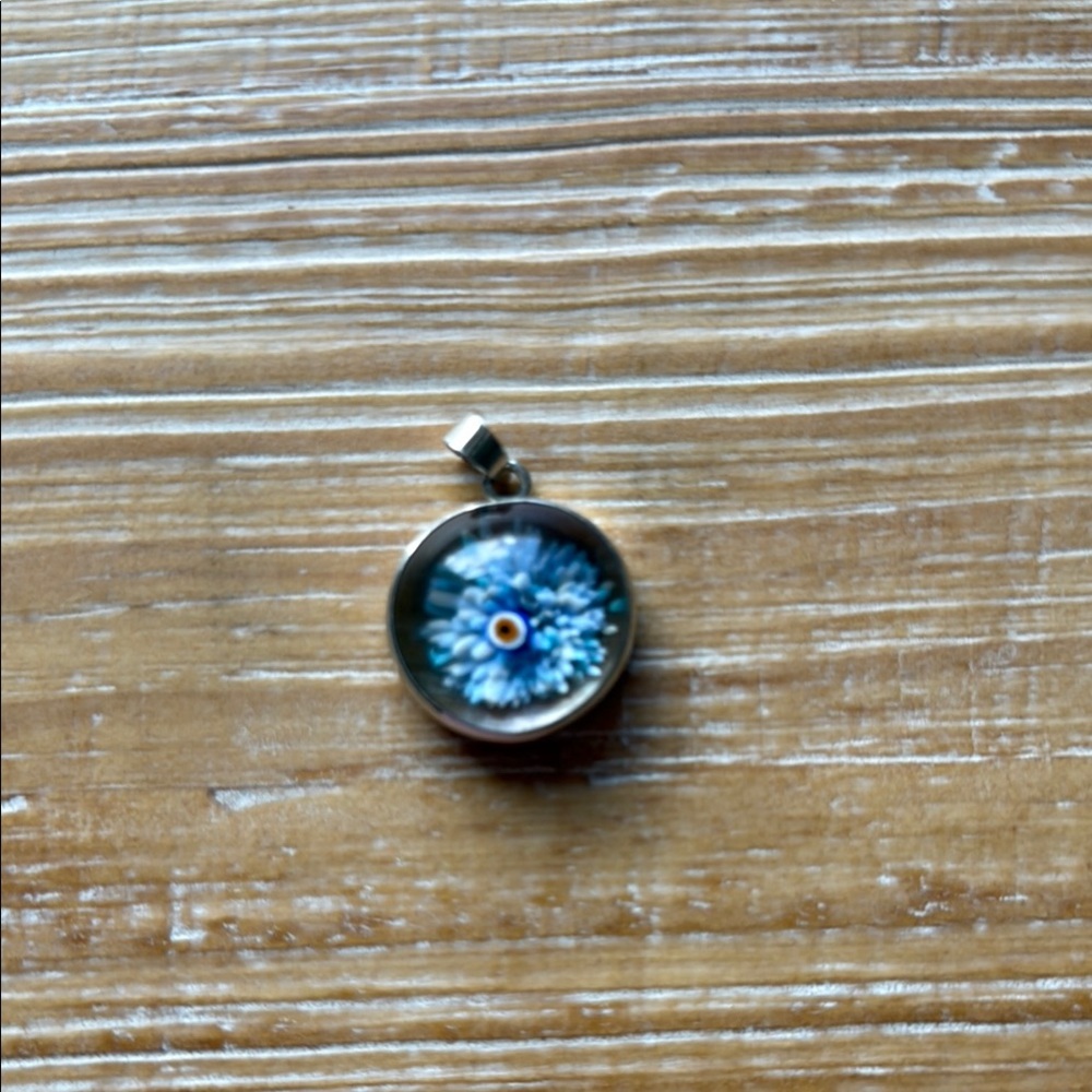 Vintage Glass Art Blue Evil Eye Floral Pendant Silver Necklace